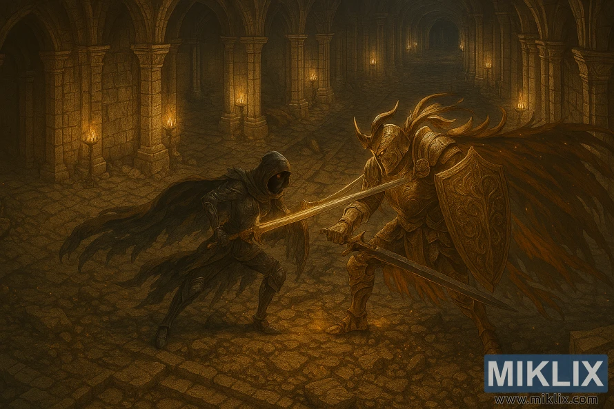 Anime-style fan art showing the Tarnished fighting Crucible Knight Ordovis in a vast cathedral hall from Elden Ring.