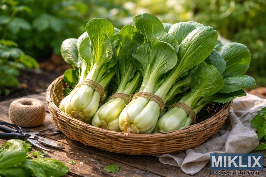 Ferske bok choy-bunter bundet med hyssing i en vevd kurv på et rustikt trebord med hageredskaper, klare til matlaging. Ferske bok choy-bunter bundet med hyssing i en vevd kurv på et rustikt trebord med hageredskaper, klare til matlaging.