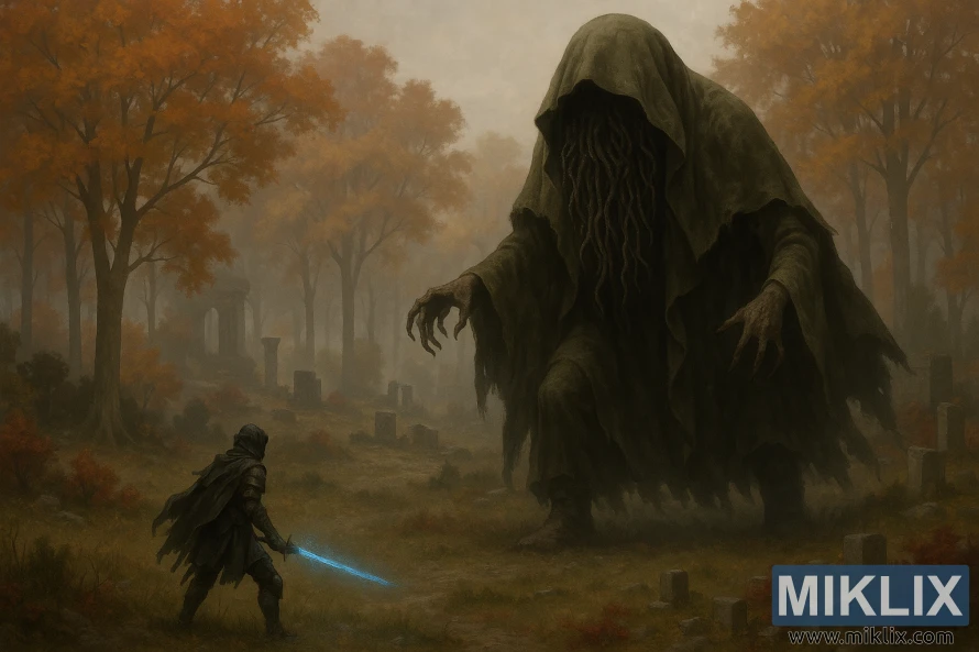 Une scène sombre et réaliste d’un guerrier Sans-éclat avec une épée bleue lumineuse affrontant une créature Wormface imposante dans une forêt d’automne brumeuse.
