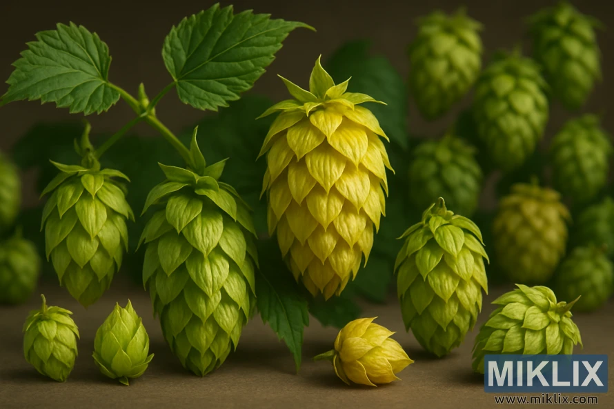 Nærbilde av Sterling humlekegler med løvverk og varierte humlesorter i bakgrunnen.