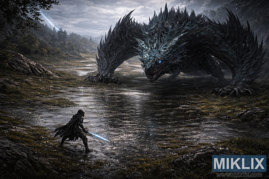 Scena fantasy isometrica dall'alto che mostra i Tarnished che brandiscono una spada luminosa mentre affrontano un enorme Drago di Pietralucente Smarag nelle nebbiose zone umide di Liurnia dei Laghi. Scena fantasy isometrica dall'alto che mostra i Tarnished che brandiscono una spada luminosa mentre affrontano un enorme Drago di Pietralucente Smarag nelle nebbiose zone umide di Liurnia dei Laghi.