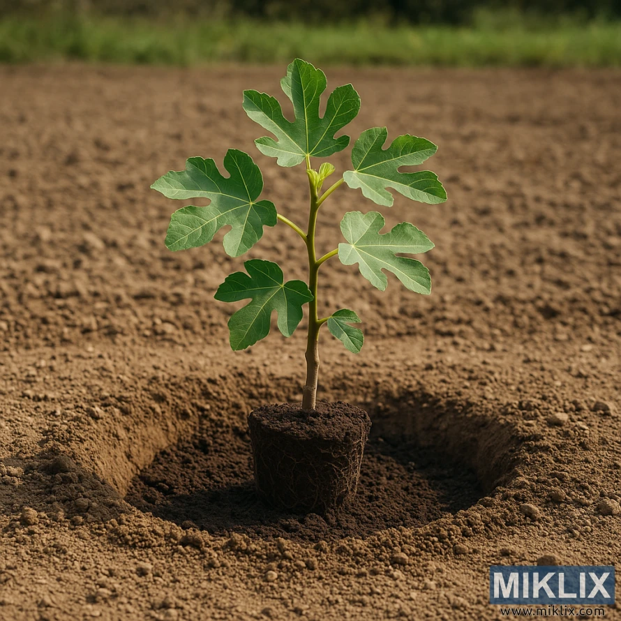 Young fig tree planted in freshly dug soil with proper spacing in a field. Young fig tree planted in freshly dug soil with proper spacing in a field.