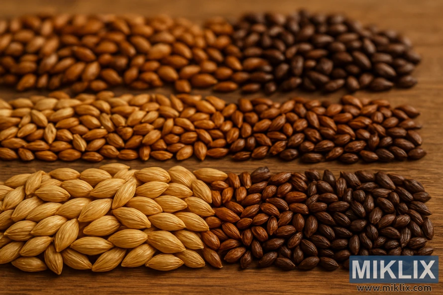 Nærbilde av blek malt og spesialmalt i gyldne, ravfargede og brune nyanser arrangert på en treflate.