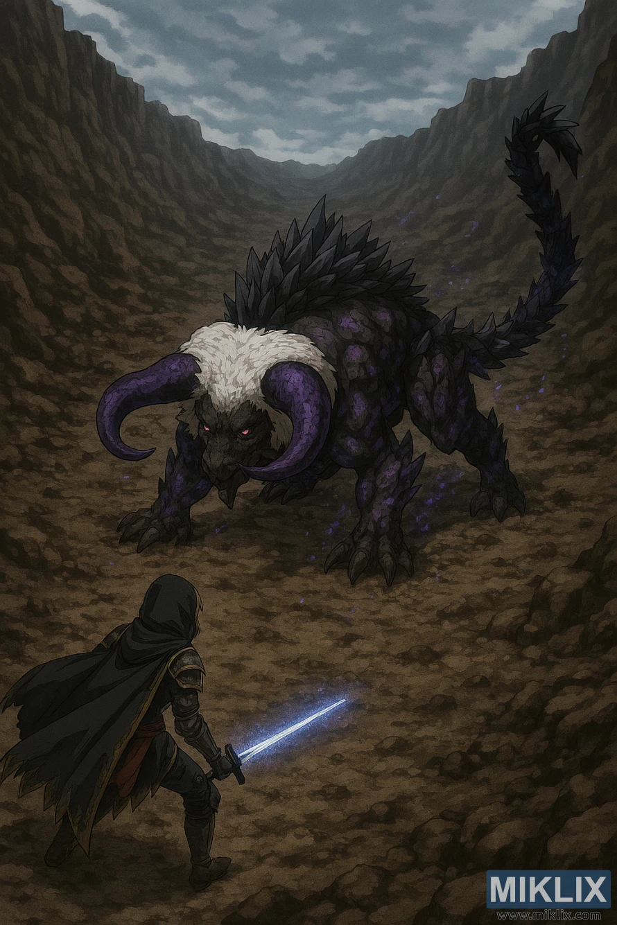 एल्डेन रिङको साउथ अल्टस प्लेटो क्रेटरमा रहेको माथिल्लो आइसोमेट्रिक दृश्यबाट फलिङस्टार बिस्टको सामना गरिरहेको टार्निश्ड इन ब्ल्याक नाइफ आर्मर देखाउने एनिमे-शैलीको फ्यान आर्ट।