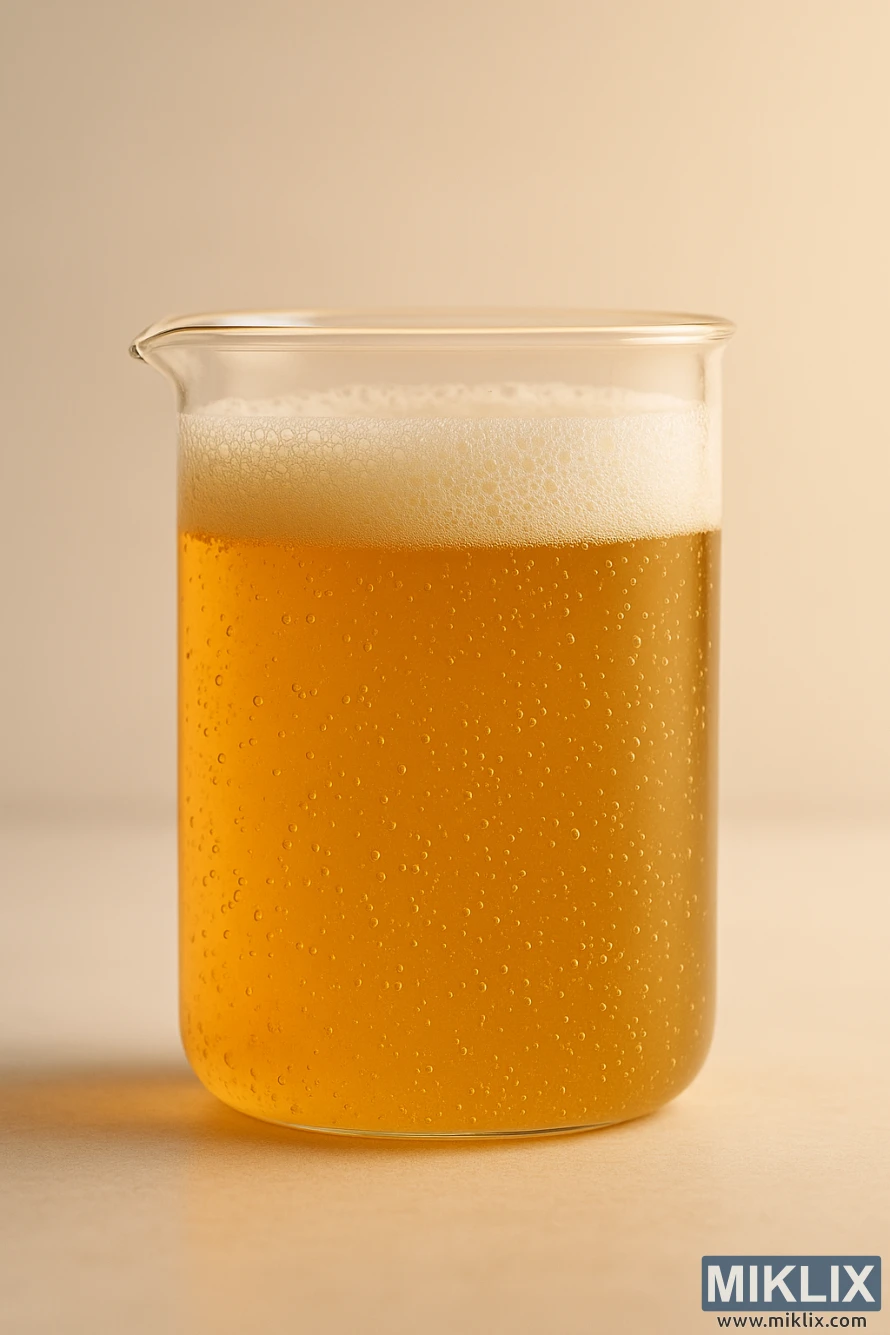 Nærbillede af et gennemsigtigt laboratoriebægerglas fyldt med skummende, gylden fermenterende væske mod en varm minimalistisk baggrund.