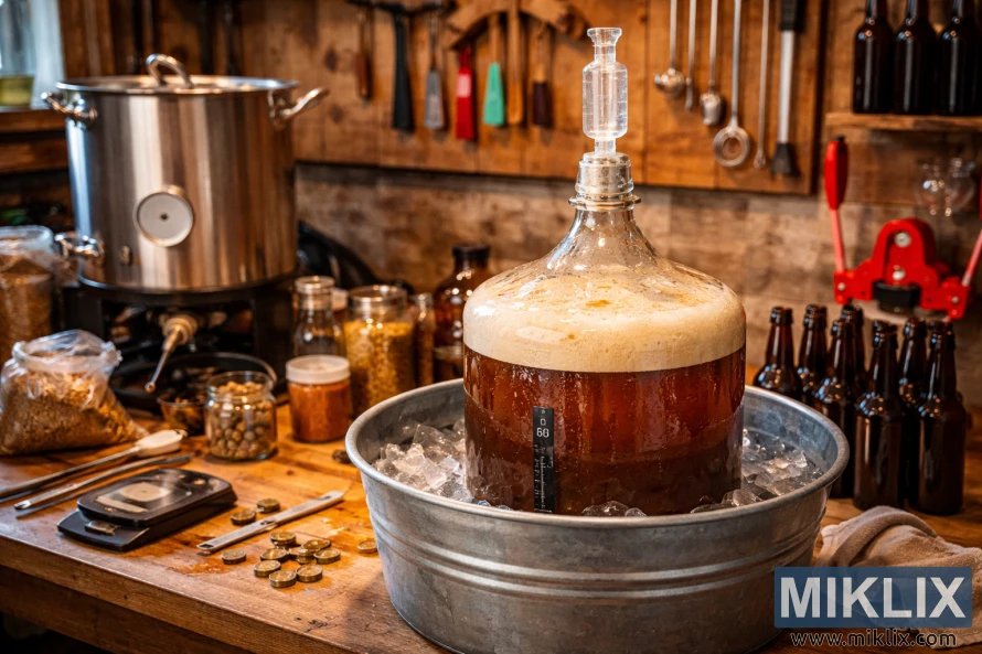 Glass carboy of fermenting beer surrounded by homebrewing equipment on a wooden workbench Glass carboy of fermenting beer surrounded by homebrewing equipment on a wooden workbench