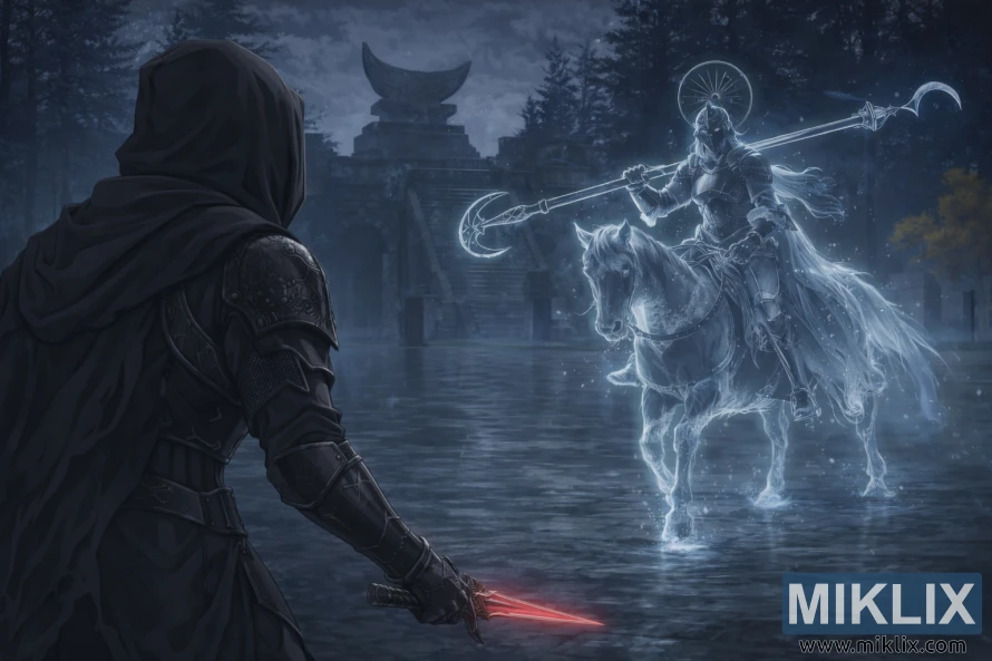 Fan art of Elden Ring battle between Black Knife armor player and Royal Knight Loretta at Caria Manor Fan art of Elden Ring battle between Black Knife armor player and Royal Knight Loretta at Caria Manor