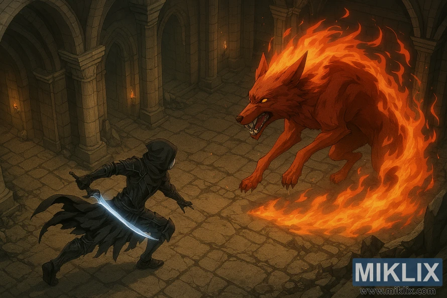 Isometric anime-style battle between Tarnished in Black Knife armor and Red Wolf of the Champion in Elden Ring