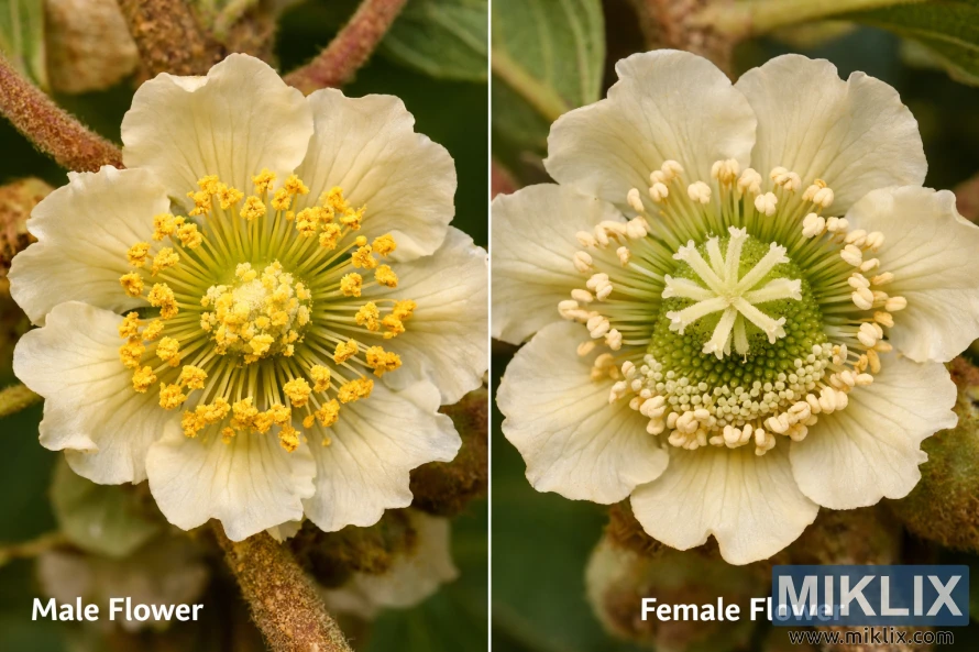 Close-up macro image showing male and female kiwi flowers side by side, highlighting yellow stamens in the male flower and the green ovary with star-shaped stigma in the female flower. Close-up macro image showing male and female kiwi flowers side by side, highlighting yellow stamens in the male flower and the green ovary with star-shaped stigma in the female flower.