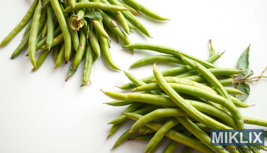 Freshly picked green beans with leaves and stems on a light surface under soft lighting.