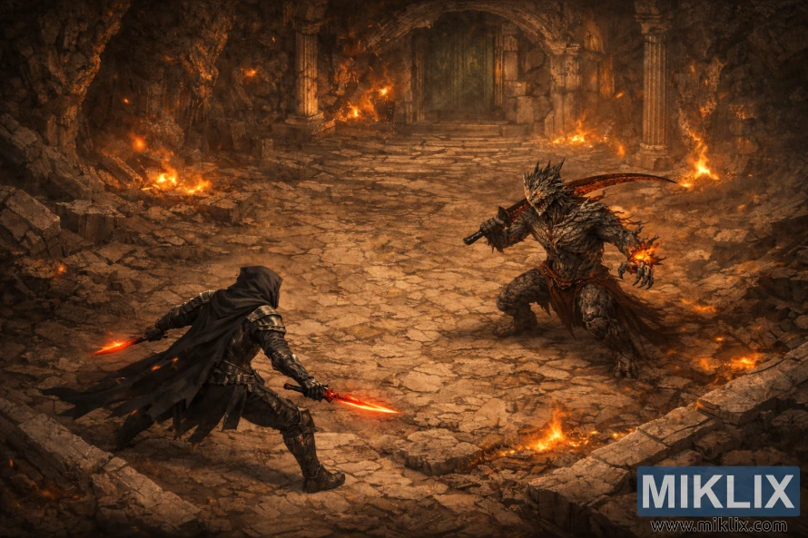 Dark fantasy fan art showing the Tarnished in Black Knife armor facing a slightly larger Ancient Dragon-Man in a burning stone arena.