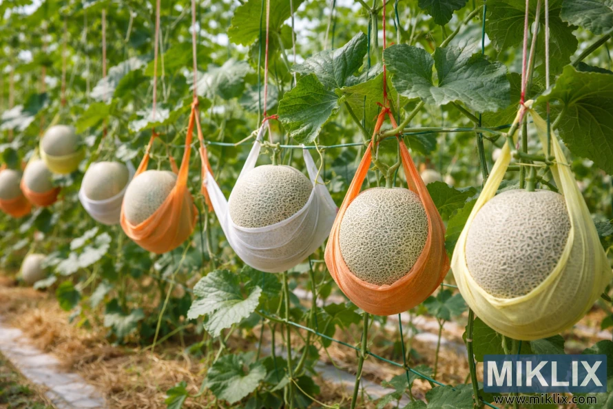 Bimët e pjeprit të formuara në një rrjetë me shalqinj të pjekur të varur në rripa prej pëlhure shumëngjyrëshe midis hardhive të dendura jeshile.