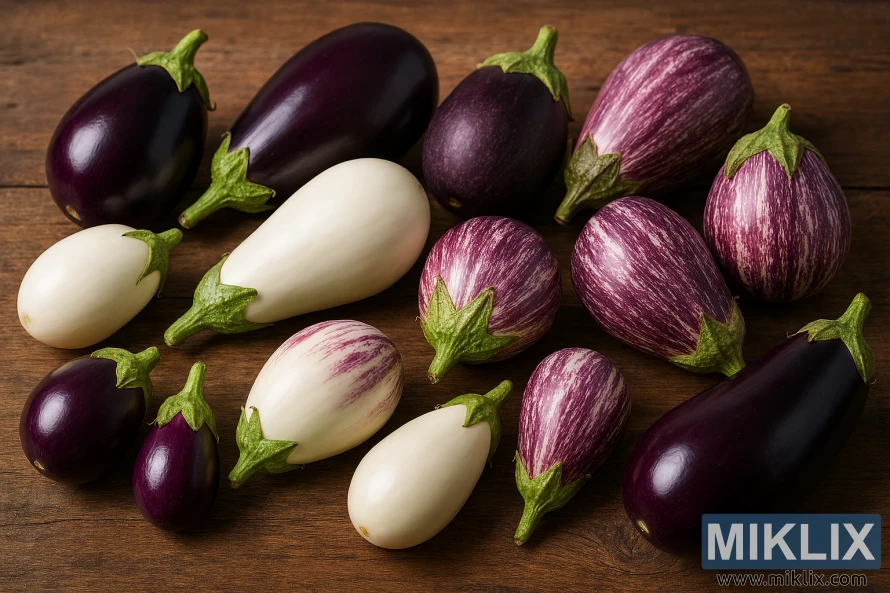 Various purple, white, and striped eggplants arranged on a wooden surface