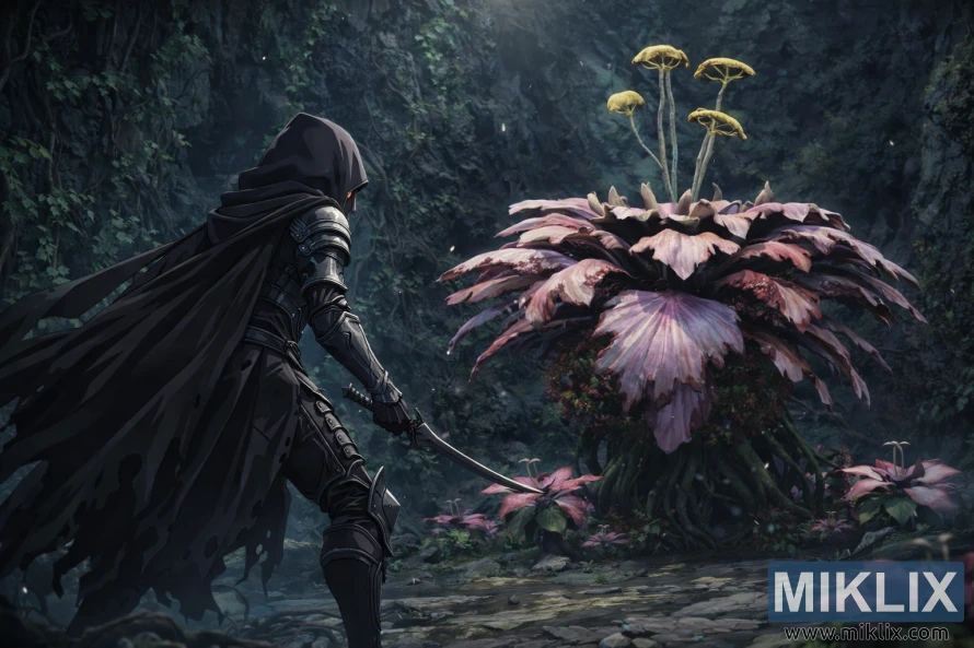 Anime-style fan art of the Tarnished in Black Knife armor cautiously facing the Miranda Blossom boss inside the mossy depths of Tombsward Cave, moments before battle begins.