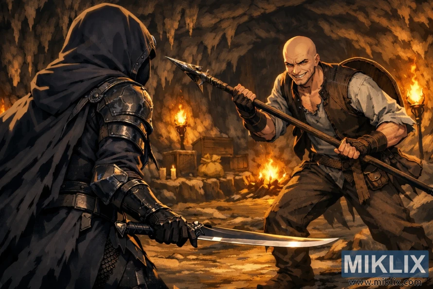 Anime-style scene of the Tarnished in dark hooded armor seen from behind on the left, facing Patches with a spear in a torchlit cave just before combat.
