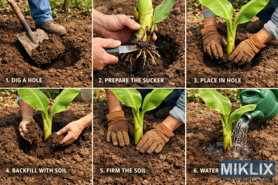 Six-step photo sequence showing how to plant a banana sucker outdoors, from digging the hole and preparing the plant to backfilling soil and watering.