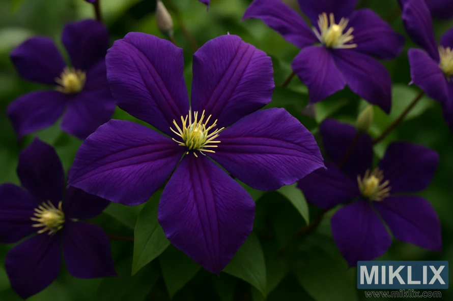 Detailed close-up of deep purple Clematis Jackmanii flowers with bright yellow stamens against a green background.