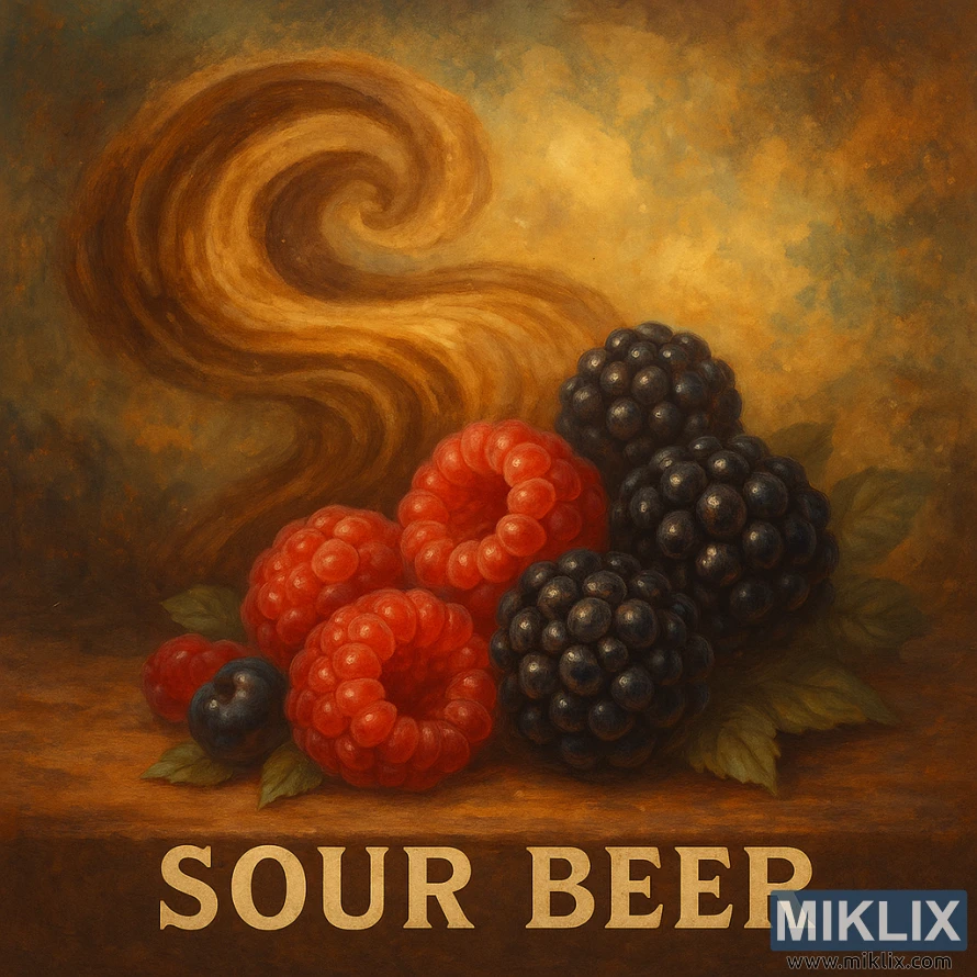 Eredate punaste vaarikate ja murakate illustratsioon soojas valguses koos keerlevate tamme- ja karamellitoonidega, mis esindavad hapuka õlle maitseprofiili.