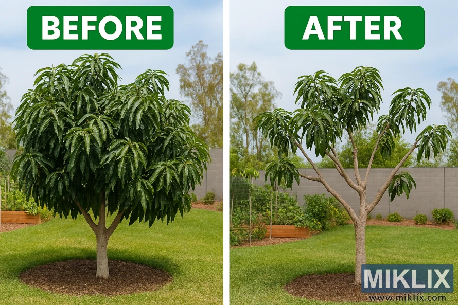 Side-by-side comparison of a mango tree before and after proper pruning in a tropical garden