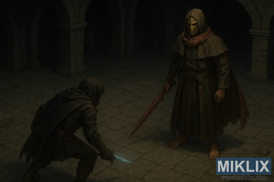 Landscape illustration of the Tarnished seen from behind facing a masked Sanguine Noble wielding the Bloody Helice in a dark underground dungeon.