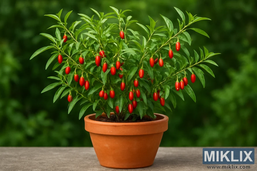 A lush goji berry plant in a terracotta pot with bright red berries and green leaves set against a soft natural background.