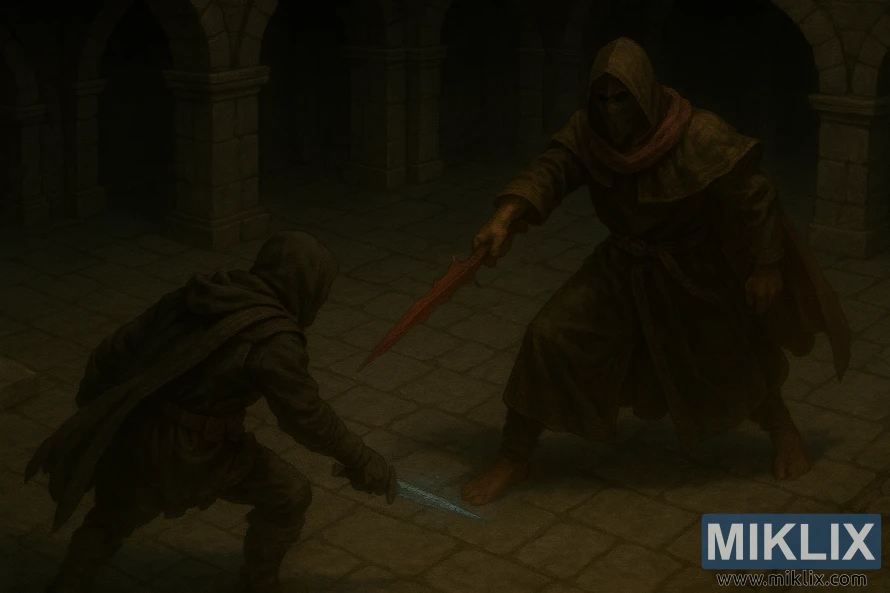 Dark fantasy scene of the Tarnished lunging with a glowing dagger while a masked Sanguine Noble counters with the Bloody Helice inside an underground dungeon.