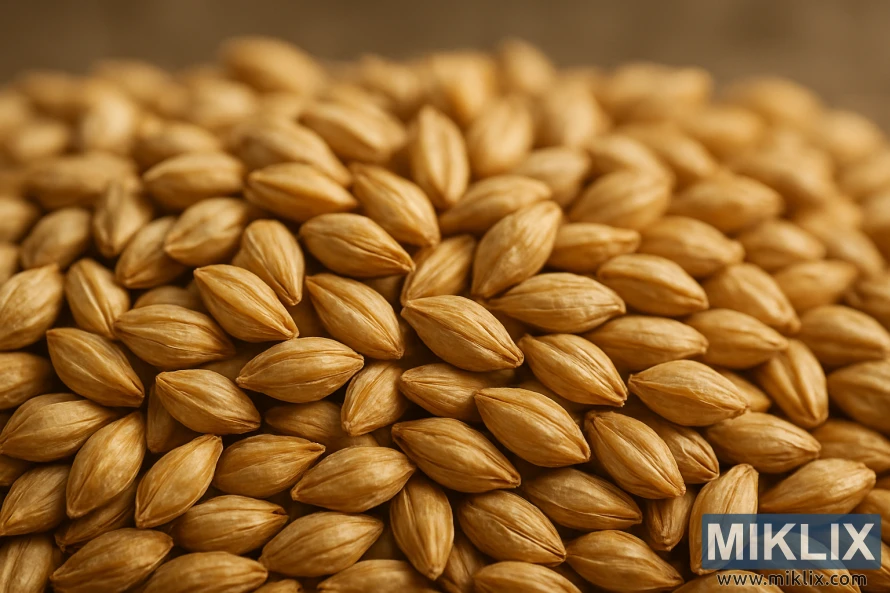 Nærbilde av bleke maltkorn med gylne fargetoner og delikate teksturer under myk varm belysning.