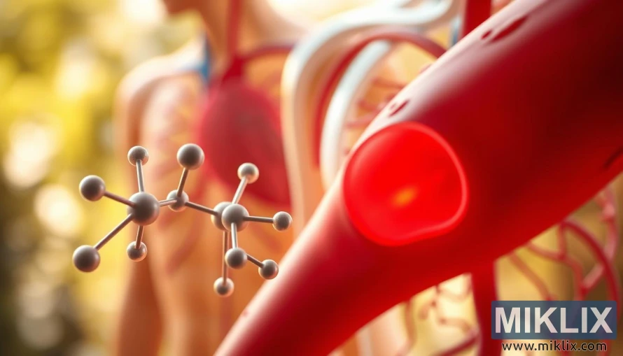 L-არგინინის მოლეკულის ილუსტრაცია არტერიის განივი კვეთით და გულის სისტემით. L-არგინინის მოლეკულის ილუსტრაცია არტერიის განივი კვეთით და გულის სისტემით.