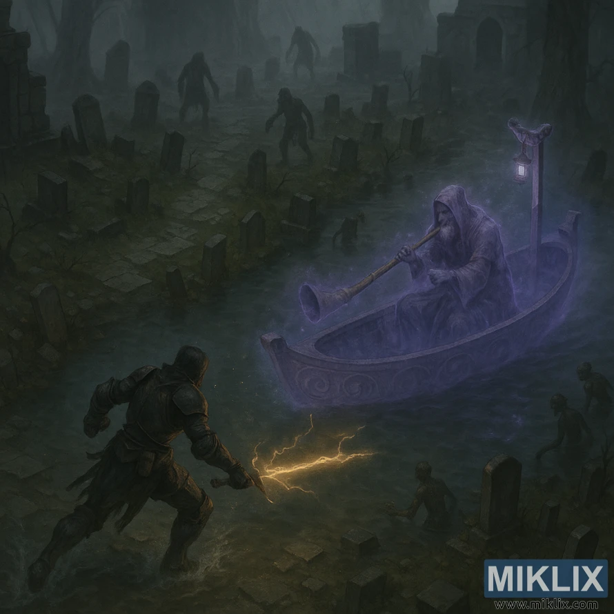 Dark fantasy Elden Ring fan art showing the Tarnished attacking a ghostly purple Tibia Mariner in a translucent boat amid flooded graveyard ruins.