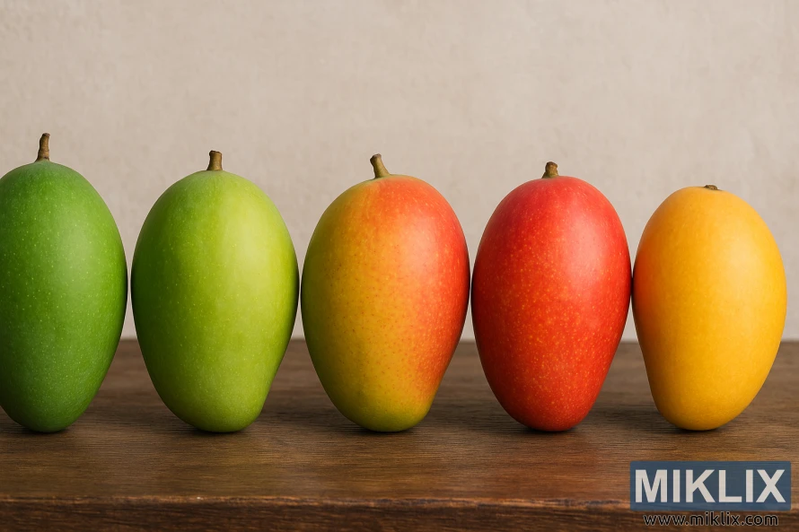 Five mangoes arranged in a row, showing the gradual color transition from green unripe to golden-yellow ripe stages.