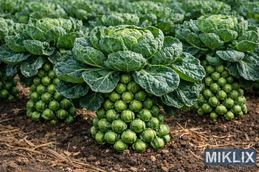 High-resolution photo of Jade Cross Brussels sprout plants showing compact growth, dense green sprouts along sturdy stalks, and textured leaves in a cultivated field.
