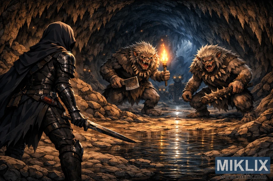 Аниме фантастична сцена на Оцрнетиот во оклоп од црн нож лево, свртен кон двајца блиски получовечки поглавари во голема крајбрежна пештера осветлена со факел пред битката.