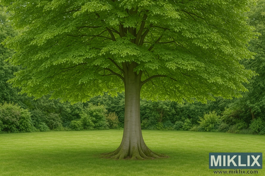 Pohon beech Eropa dewasa dengan kanopi simetris yang lebar di halaman hijau.