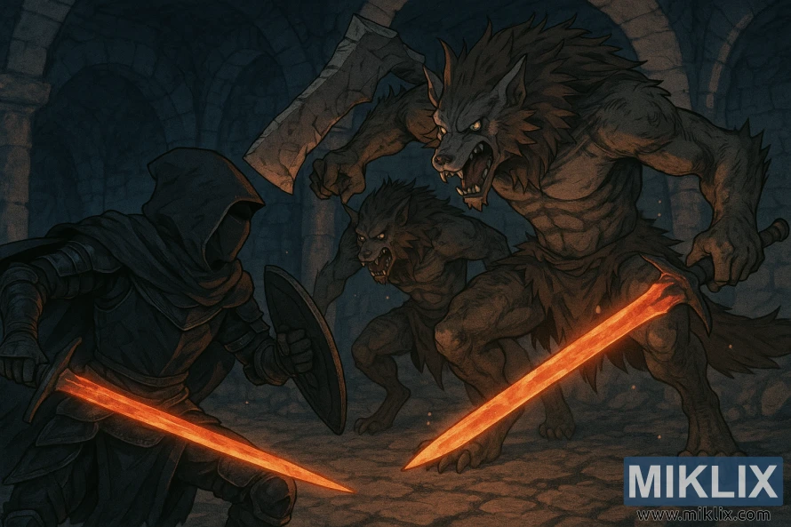 Anime-style scene of a Tarnished in Black Knife armor battling two Beastmen of Farum Azula inside Dragonbarrow Cave.
