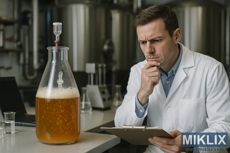 ক্লিপবোর্ডধারী টেকনিশিয়ান ব্রুয়ারি ল্যাব বেঞ্চে কাঁচের পাত্রে অ্যাম্বার বিয়ারের গাঁজন অধ্যয়ন করছেন।