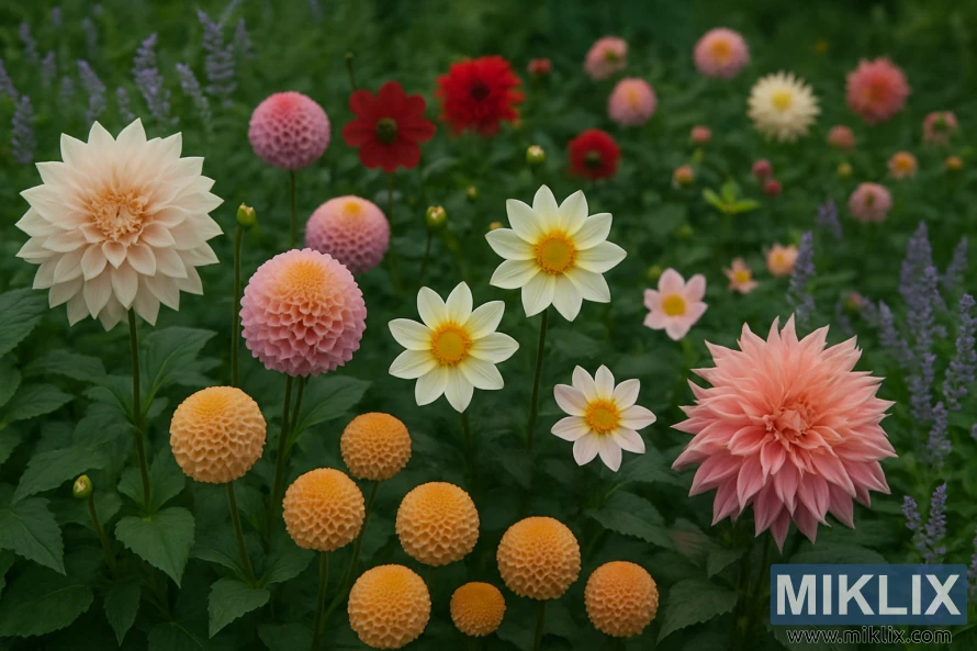Colorful summer dahlia garden with Café au Lait, Jowey Winnie, Bishop of Llandaff, and Labyrinth blooms.