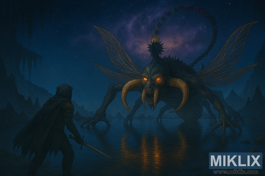 Semi-realistic fan art of the Tarnished confronting a colossal Astel in Elden Ring's Grand Cloister