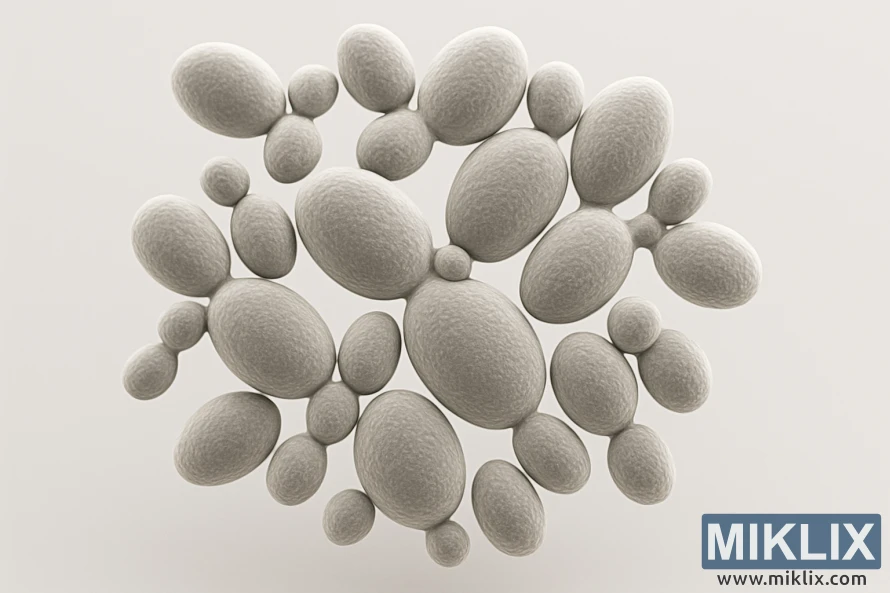 Microscopic close-up of English Ale yeast cells showing oval structures and budding, against a neutral minimalist background.