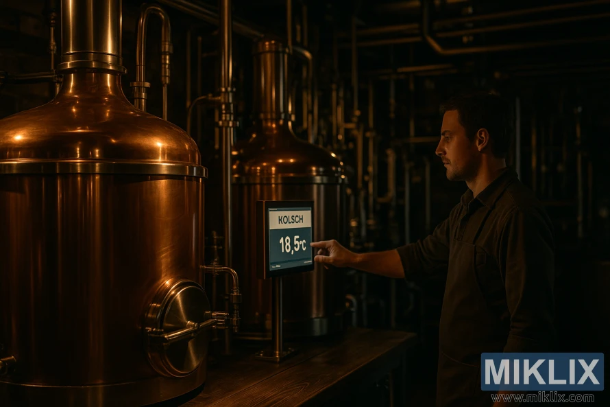 Техник пивоваренного завода настраивает цифровую панель управления, показывающую 18,5 °C, рядом с большими медными бродильными чанами в тускло освещенной, уютной пивоварне, заполненной трубами и клапанами. Техник пивоваренного завода настраивает цифровую панель управления, показывающую 18,5 °C, рядом с большими медными бродильными чанами в тускло освещенной, уютной пивоварне, заполненной трубами и клапанами.