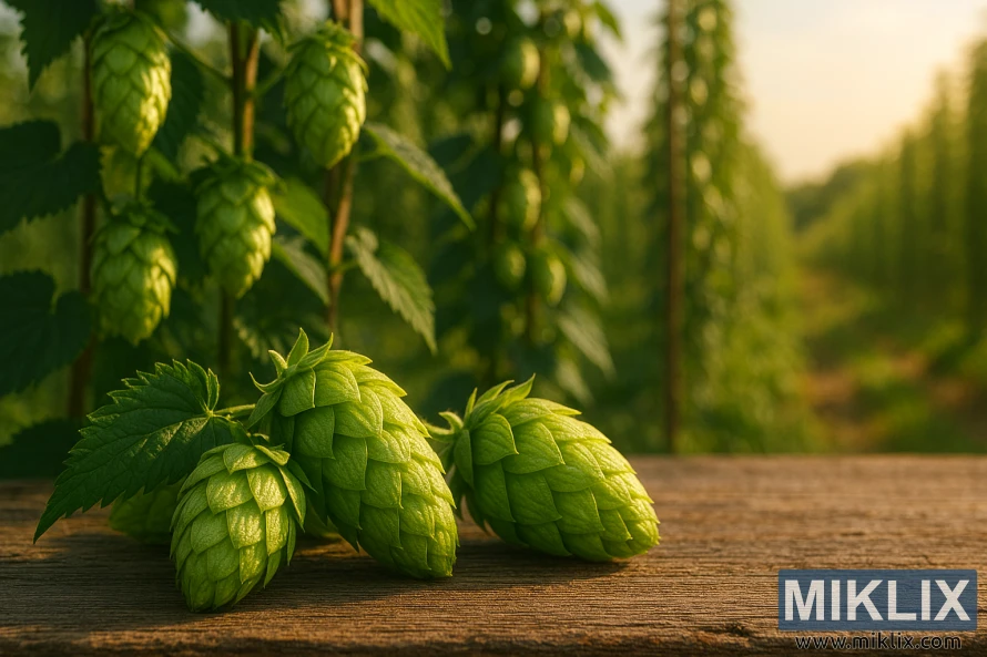 Close-up of fresh Aurora hops on a rustic table with trellised hop plants and sunlit farm in background Close-up of fresh Aurora hops on a rustic table with trellised hop plants and sunlit farm in background