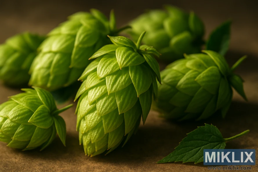 Nærbilde av livlige grønne Eroica-humlekjegler på en varm teksturert overflate.