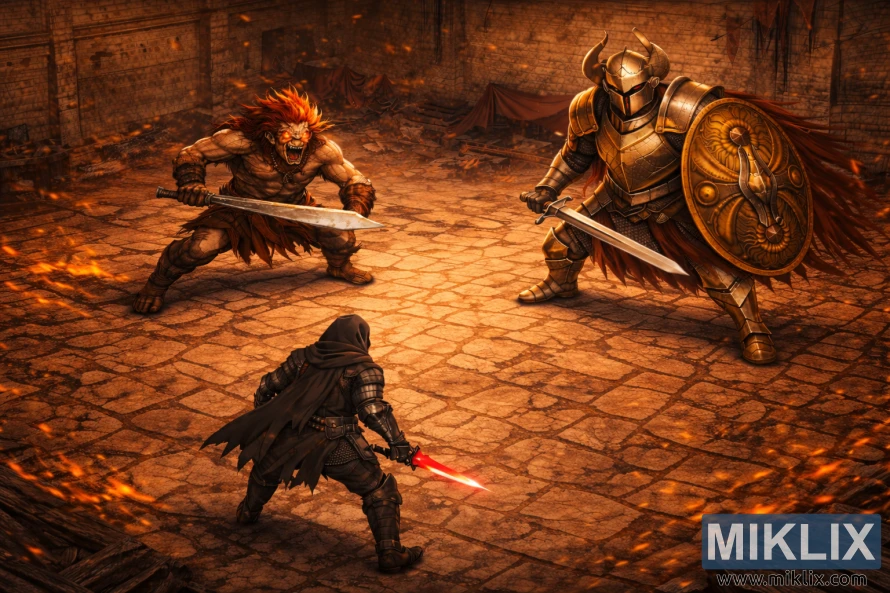 Изометријска сцена у аниме стилу са Потамњелим у оклопу Црног Ножа у доњем левом углу, гледано отпозади, окренутим према Незаконитом Ратнику и Витезу Крусибла са мачем и штитом у замку Редмејн.