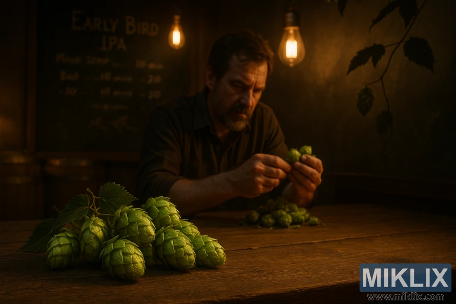 Ο Μπρούερ εξετάζει φρέσκους λυκίσκους Early Bird σε ένα ξύλινο τραπέζι σε ένα αμυδρά φωτισμένο εργαστήριο.