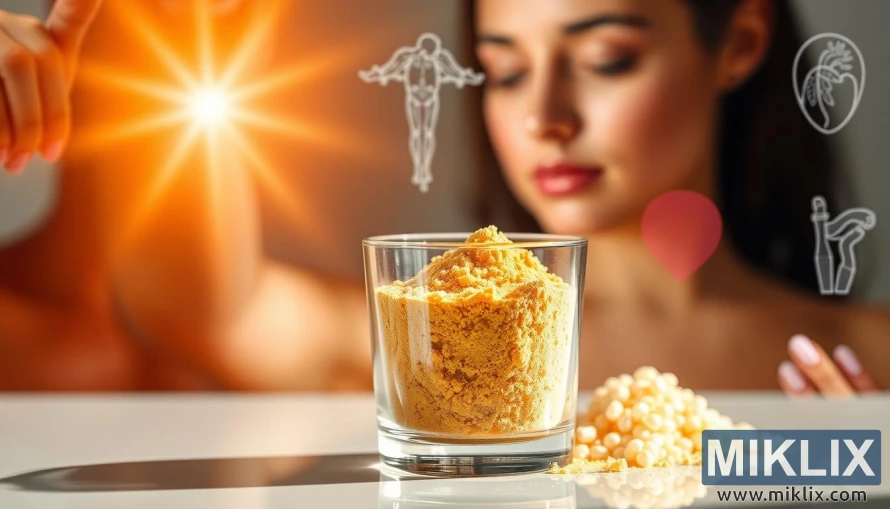 Glas af gullnu kollagendufti með glóandi húð og táknum sem sýna heilsufarslegan ávinning. Glas af gullnu kollagendufti með glóandi húð og táknum sem sýna heilsufarslegan ávinning.