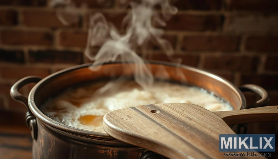 Krupni plan antiknog bakrenog lonca za kuhanje s pjenastom jantarnom tekućinom i uzdižućom parom.