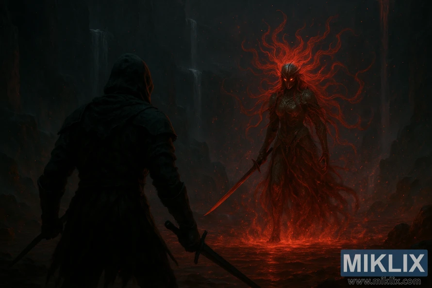 The Black Knife Assassin faces Malenia in her partially transformed Goddess of Rot phase, surrounded by crimson rot and cavern waterfalls.