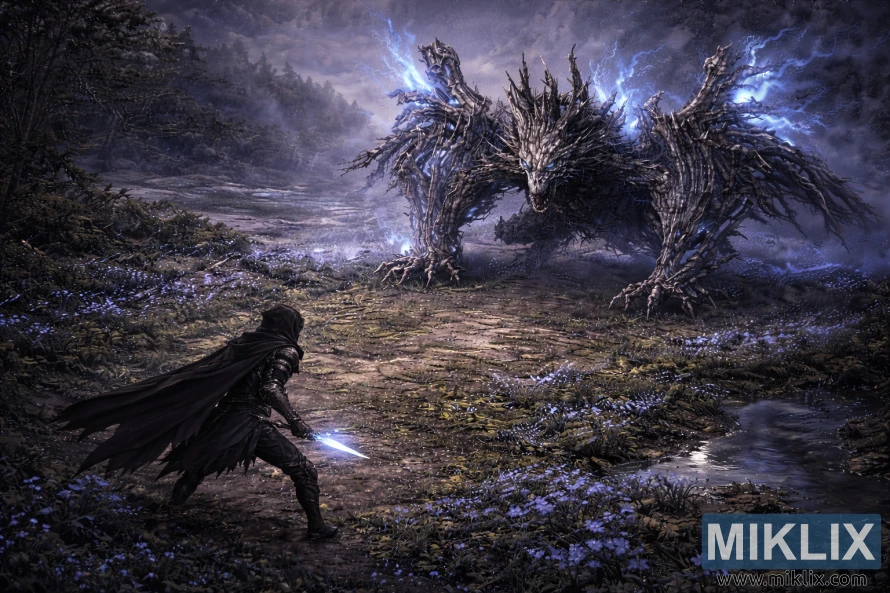 Isometrisk visning av rustningen «Tarnished in Black Knife» vendt mot en kolossal spøkelsesflammedrage på den tåkete, ceruleankysten.