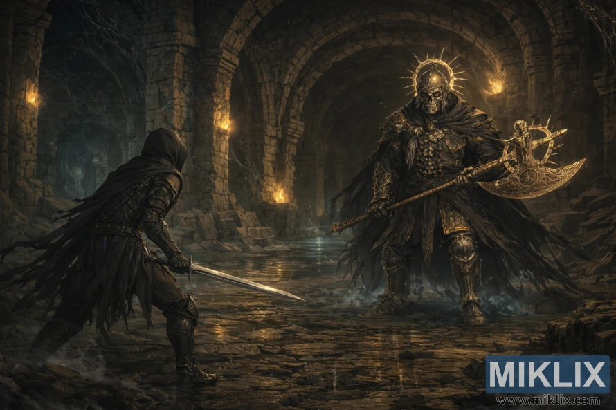 Dark fantasy illustration of the Tarnished holding a sword facing a skull-faced Death Knight with a golden axe in a torch-lit catacomb corridor just before battle.