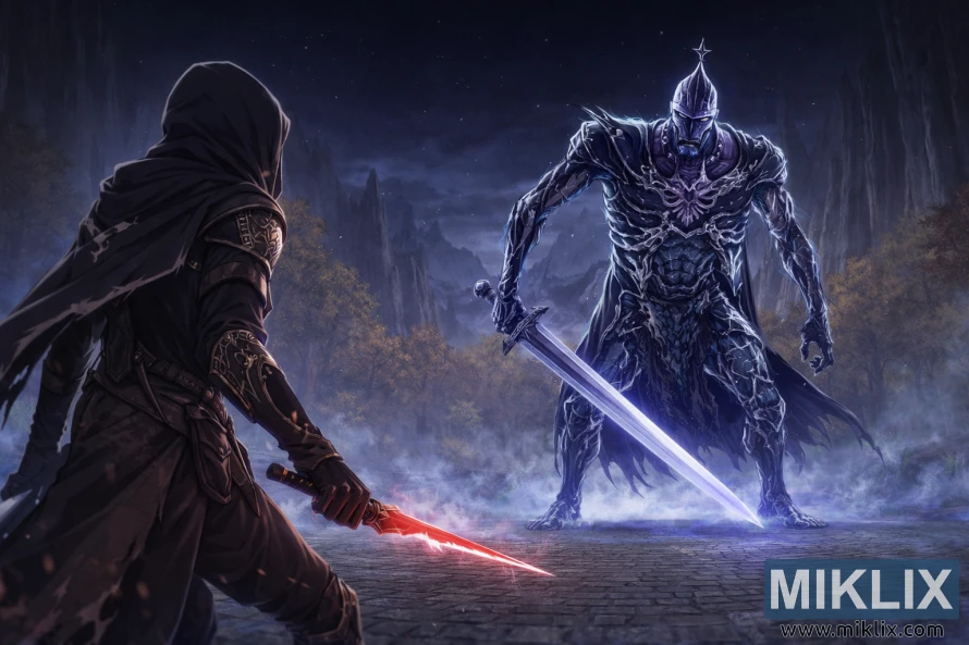 Anime-style fan art of the Tarnished in Black Knife armor facing Bols, Carian Knight, in a tense standoff inside Cuckoo’s Evergaol in Elden Ring. Anime-style fan art of the Tarnished in Black Knife armor facing Bols, Carian Knight, in a tense standoff inside Cuckoo’s Evergaol in Elden Ring.