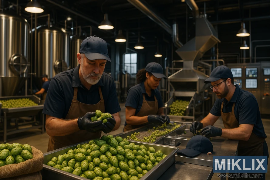 Bryggere som inspiserer fersk Columbia-humle i et moderne, høyteknologisk bryggeri.